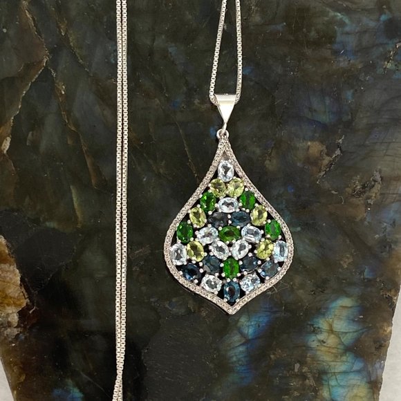 Jewelry - Sterling Silver 925 DK Multi Gemstone Topaz Emerald Pendant Necklace 18" Chain